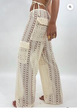 Heart of Sun Bahia Crochet Cargo Pants Beige Cream Wide Leg Boho Beach Cover Up
